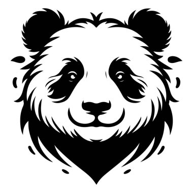 Bu resim bir pandanın yaratıcı ve sanatsal logo tasarımını içeriyor. Logo, beyaz bir arkaplanda belirgin siyah ve beyaz elementlere sahip stilize bir panda yüzünden oluşuyor. Pandanın yüzü kısmen bulanık, benzersiz ve 