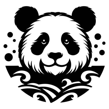 Bu resim, kabile elementleriyle çarpıcı bir panda temalı tasarımı içeriyor. Tasarım belirgin bir şekilde bir panda kafasının siluetini, ayırt edici kulakları ve yüz hatlarıyla sergiliyor. Pandanın etrafında karmaşık kabile kalıpları ve sirla var.