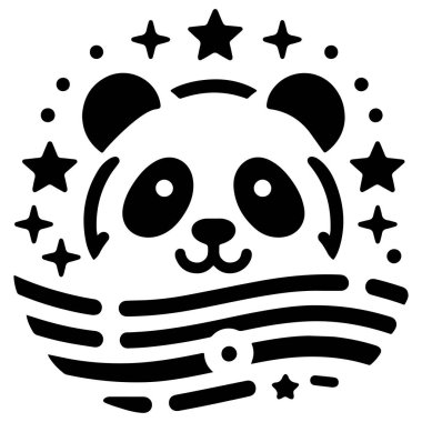 This charming black and white illustration features an adorable panda face surrounded by a whimsical array of stars and dots. clipart