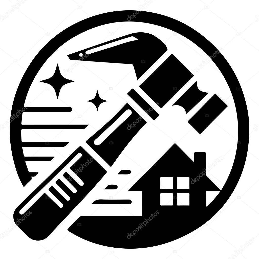 This vector graphic features a black hammer icon and a house symbol, representing construction, renovation, and home improvement. Perfect for websites, apps, presentations, and other digital projects