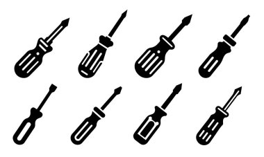 A set of diverse screwdriver icons, each with unique design elements, ideal for applications that need varied representations of tools and repair visuals. clipart