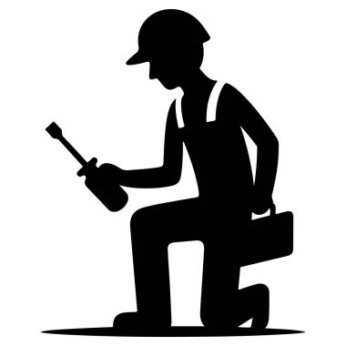 Bir teknisyenin silüeti, alet çantası ve matkapla dizlerinin üzerine çökmüş bir şekilde tasvir edilmiş. Tamir ve bakım sektörünü temsil eden ikonlar için mükemmel, elle çalışmanın özünü yakalamak..