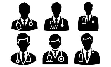 Stetoskoplu, tıbbi profesyonelleri temsil eden bir çift erkek doktor silueti. Sağlık, tıbbi ve profesyonel tasarım projeleri için ideal.