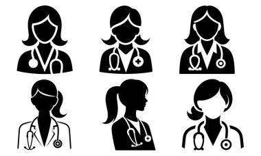 Stetoskoplu bir kadın doktor silueti koleksiyonu, vektör formatında sağlık ve tıbbi temalar için mükemmel. Profesyonel ve tıbbi tasarım kullanımı için ideal.