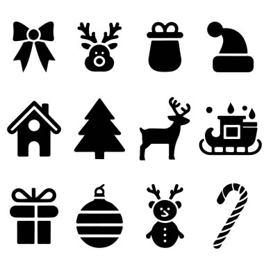 Bu resimde dokuz adet siyah beyaz Noel temalı simge yer alıyor. İkonlar arasında bir Noel ağacı, zencefilli çörek adam, çan, ren geyiği, Noel Baba, şeker kamışı, Noel süsü ve bir hediye kutusu yer alıyor. Bunlar basit ama ikonik 
