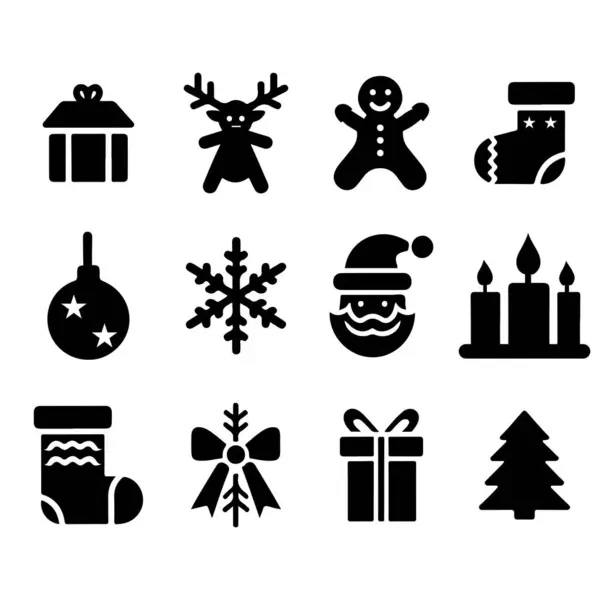 Bu resimde dokuz adet siyah beyaz Noel temalı simge yer alıyor. İkonlar arasında bir Noel ağacı, zencefilli çörek adam, çan, ren geyiği, Noel Baba, şeker kamışı, Noel süsü ve bir hediye kutusu yer alıyor. Bunlar basit ama ikonik 