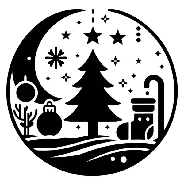 Bu festival vektör illüstrasyonunda, kar taneleri, yıldızlar ve dekoratif noktalar gibi çeşitli bayram temalı elementlerle çevrili stilize edilmiş bir Noel ağacı yer alıyor. Siyah ve beyaz tasarım tatil tebrik kartları ve mevsimlik dekorasyon için mükemmeldir.