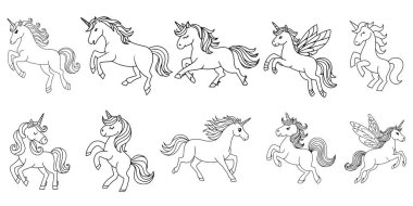 Beyaz arka planda şirin tek boynuzlu at çizgisi çizgisi vektörü. Renklendirme sayfası için tek boynuzlu at çizimi.