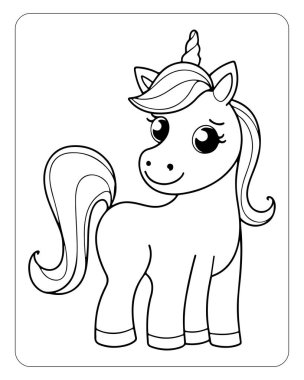 Beyaz arka planda şirin tek boynuzlu at çizgisi sanat vektörü. Renklendirme sayfası için tek boynuzlu at çizimi.