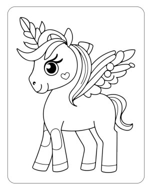 Beyaz arka planda şirin tek boynuzlu at çizgisi sanat vektörü. Renklendirme sayfası için tek boynuzlu at çizimi.