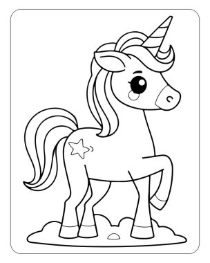 Beyaz arka planda şirin tek boynuzlu at çizgisi sanat vektörü. Renklendirme sayfası için tek boynuzlu at çizimi.