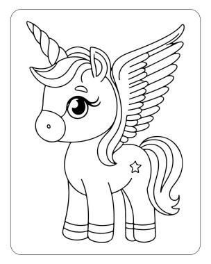 Beyaz arka planda şirin tek boynuzlu at çizgisi sanat vektörü. Renklendirme sayfası için tek boynuzlu at çizimi.