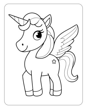 Beyaz arka planda şirin tek boynuzlu at çizgisi sanat vektörü. Renklendirme sayfası için tek boynuzlu at çizimi.