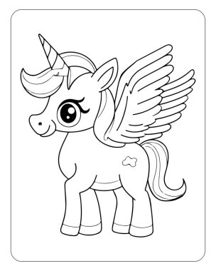 Beyaz arka planda şirin tek boynuzlu at çizgisi sanat vektörü. Renklendirme sayfası için tek boynuzlu at çizimi.