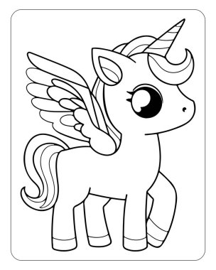 Beyaz arka planda şirin tek boynuzlu at çizgisi sanat vektörü. Renklendirme sayfası için tek boynuzlu at çizimi.