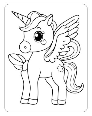 Beyaz arka planda şirin tek boynuzlu at çizgisi sanat vektörü. Renklendirme sayfası için tek boynuzlu at çizimi.