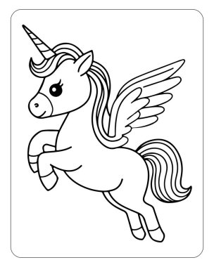 Beyaz arka planda şirin tek boynuzlu at çizgisi sanat vektörü. Renklendirme sayfası için tek boynuzlu at çizimi.