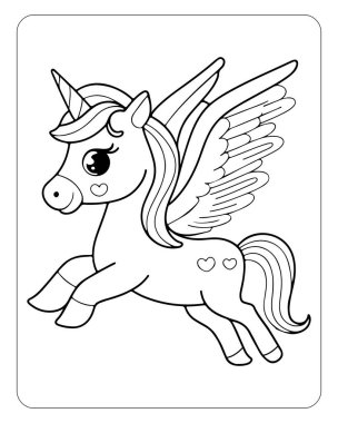 Beyaz arka planda şirin tek boynuzlu at çizgisi sanat vektörü. Renklendirme sayfası için tek boynuzlu at çizimi.