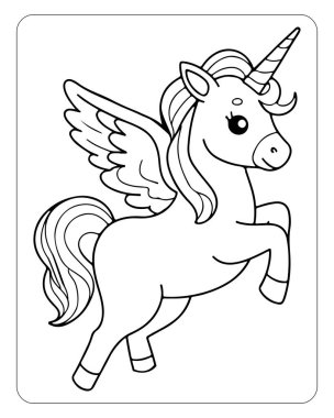 Beyaz arka planda şirin tek boynuzlu at çizgisi sanat vektörü. Renklendirme sayfası için tek boynuzlu at çizimi.