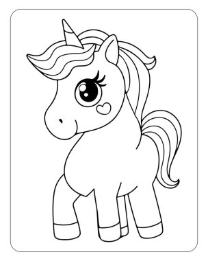 Beyaz arka planda şirin tek boynuzlu at çizgisi sanat vektörü. Renklendirme sayfası için tek boynuzlu at çizimi.