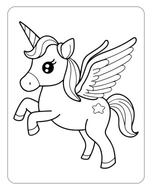 Beyaz arka planda şirin tek boynuzlu at çizgisi sanat vektörü. Renklendirme sayfası için tek boynuzlu at çizimi.