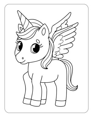 Beyaz arka planda şirin tek boynuzlu at çizgisi sanat vektörü. Renklendirme sayfası için tek boynuzlu at çizimi.