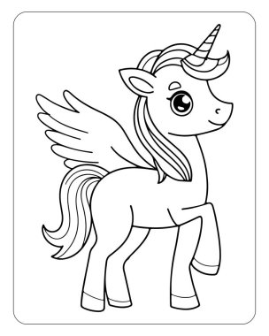 Beyaz arka planda şirin tek boynuzlu at çizgisi sanat vektörü. Renklendirme sayfası için tek boynuzlu at çizimi.