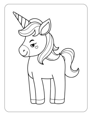 Beyaz arka planda şirin tek boynuzlu at çizgisi sanat vektörü. Renklendirme sayfası için tek boynuzlu at çizimi.