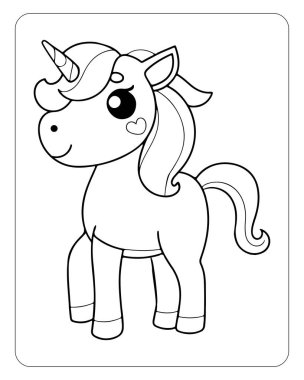 Beyaz arka planda şirin tek boynuzlu at çizgisi sanat vektörü. Renklendirme sayfası için tek boynuzlu at çizimi.