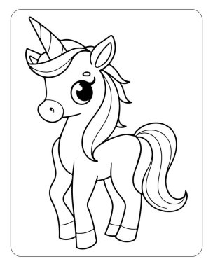 Beyaz arka planda şirin tek boynuzlu at çizgisi sanat vektörü. Renklendirme sayfası için tek boynuzlu at çizimi.