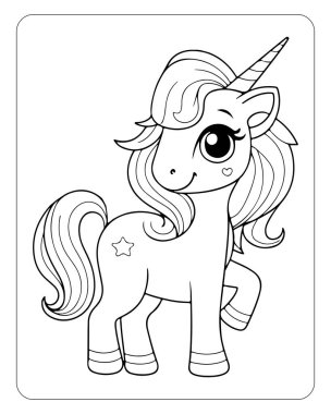 Beyaz arka planda şirin tek boynuzlu at çizgisi sanat vektörü. Renklendirme sayfası için tek boynuzlu at çizimi.