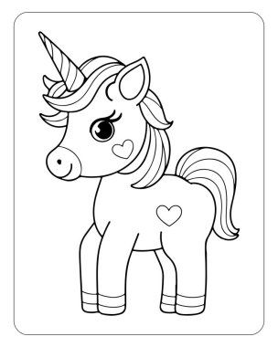 Beyaz arka planda şirin tek boynuzlu at çizgisi sanat vektörü. Renklendirme sayfası için tek boynuzlu at çizimi.