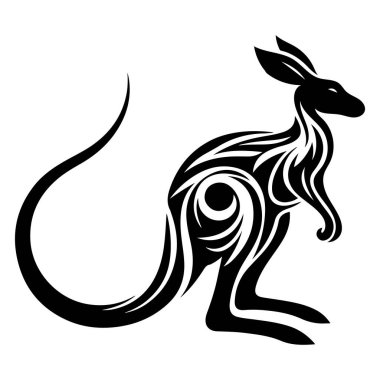 This image showcases a beautifully crafted tribal tattoo design of a kangaroo. The design features bold black lines and intricate patterns that form the shape of a kangaroo in a stylized, artistic manner. The use of swirling lines and curves adds a d clipart