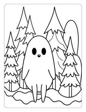 Çocuklar için Yazdırılabilir Hayalet Ormanı Cadılar Bayramı Renklendirme Sayfaları