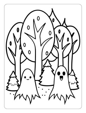 Çocuklar için Yazdırılabilir Hayalet Ormanı Cadılar Bayramı Renklendirme Sayfaları