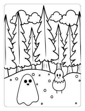 Çocuklar için Yazdırılabilir Hayalet Ormanı Cadılar Bayramı Renklendirme Sayfaları