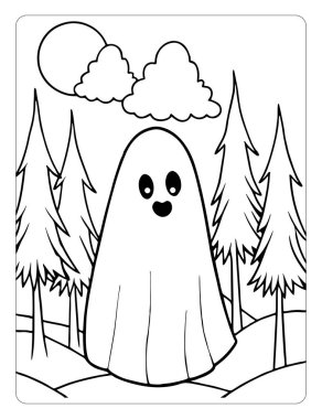 Printable Ghostly Forest Halloween Coloring Pages for Kids clipart