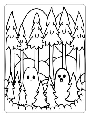 Printable Ghostly Forest Halloween Coloring Pages for Kids clipart