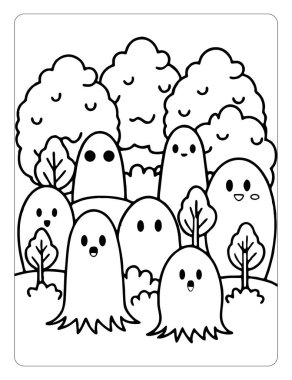 Printable Ghostly Forest Halloween Coloring Pages for Kids clipart