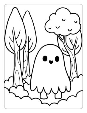 Printable Ghostly Forest Halloween Coloring Pages for Kids clipart