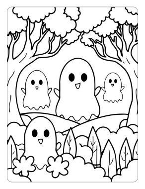 Çocuklar için Yazdırılabilir Hayalet Ormanı Cadılar Bayramı Renklendirme Sayfaları