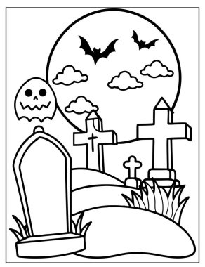 Cadılar Bayramı Çocuklar için Mezarlık Boyama Sayfası