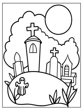 Cadılar Bayramı Çocuklar için Mezarlık Boyama Sayfası