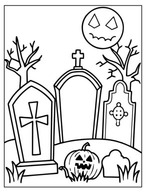 Cadılar Bayramı Çocuklar için Mezarlık Boyama Sayfası
