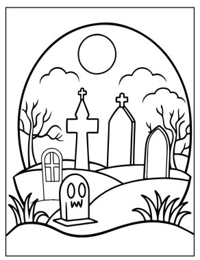 Cadılar Bayramı Çocuklar için Mezarlık Boyama Sayfası