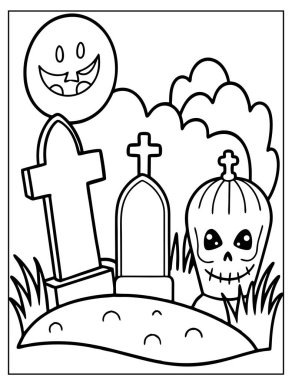 Cadılar Bayramı Çocuklar için Mezarlık Boyama Sayfası