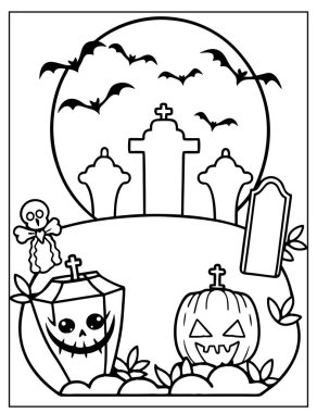 Cadılar Bayramı Çocuklar için Mezarlık Boyama Sayfası