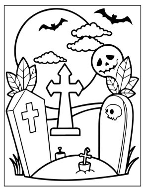 Cadılar Bayramı Çocuklar için Mezarlık Boyama Sayfası