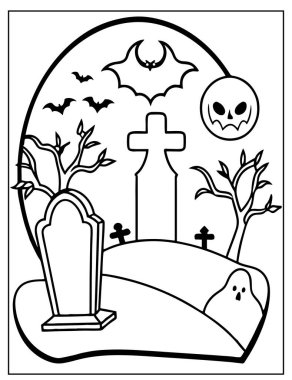 Cadılar Bayramı Çocuklar için Mezarlık Boyama Sayfası