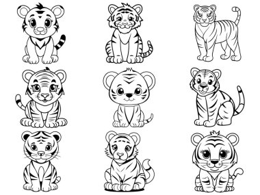 Sevimli Aslan Yavruları ve Görkemli Yetişkin Aslanlar Büyüleyici bir siyah beyaz çizim Renkli sayfalar için mükemmel